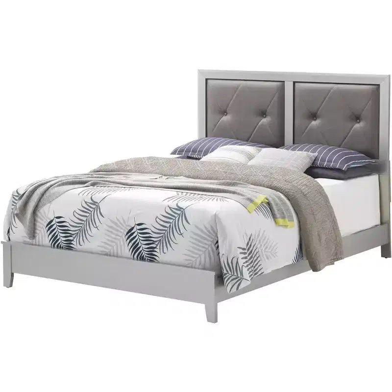 Lit queen tapissé avec panneau, tête et pied de lit en tissu, cadre en bois massif