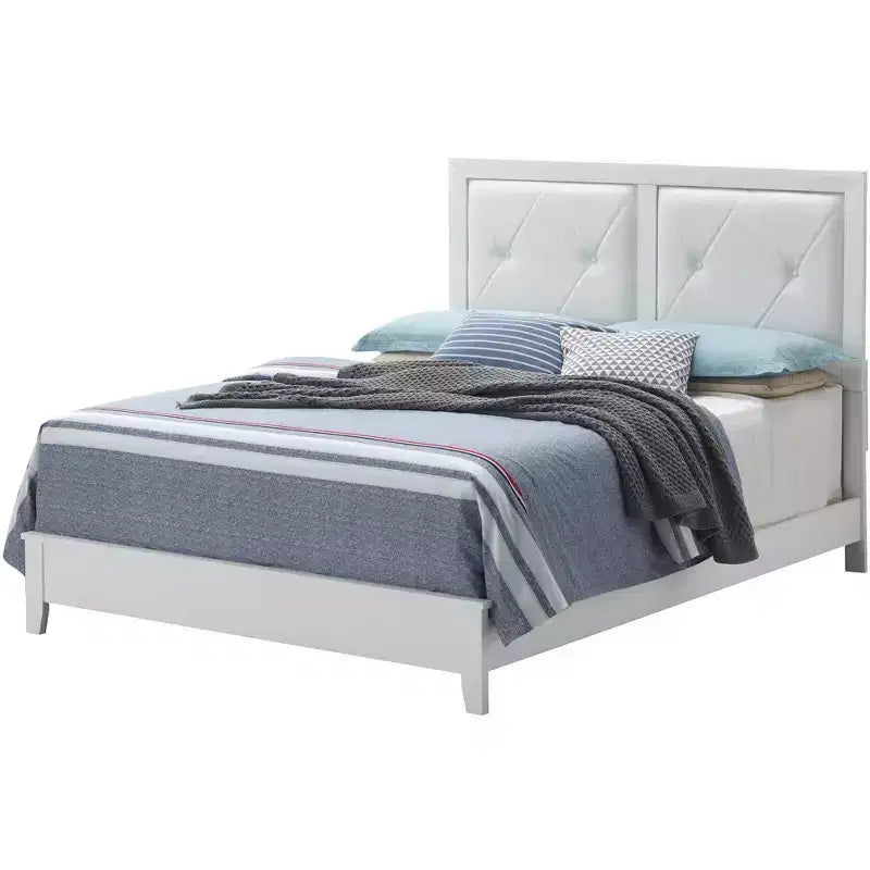 Lit queen tapissé avec panneau, tête et pied de lit en tissu, cadre en bois massif