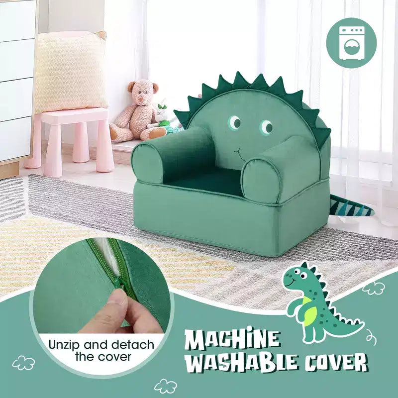 Kids Foam-Filled Armchair, Dinosaur Design, Cuddly Toddler Couch with Washable Cover
