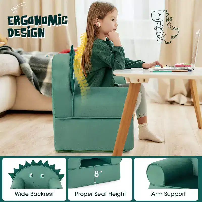 Kids Foam-Filled Armchair, Dinosaur Design, Cuddly Toddler Couch with Washable Cover