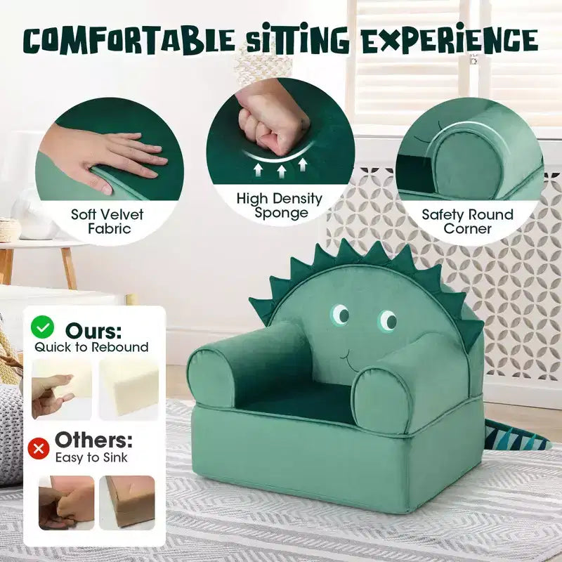 Kids Foam-Filled Armchair, Dinosaur Design, Cuddly Toddler Couch with Washable Cover