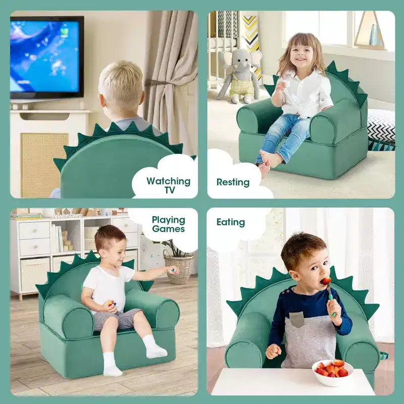 Kids Foam-Filled Armchair, Dinosaur Design, Cuddly Toddler Couch with Washable Cover