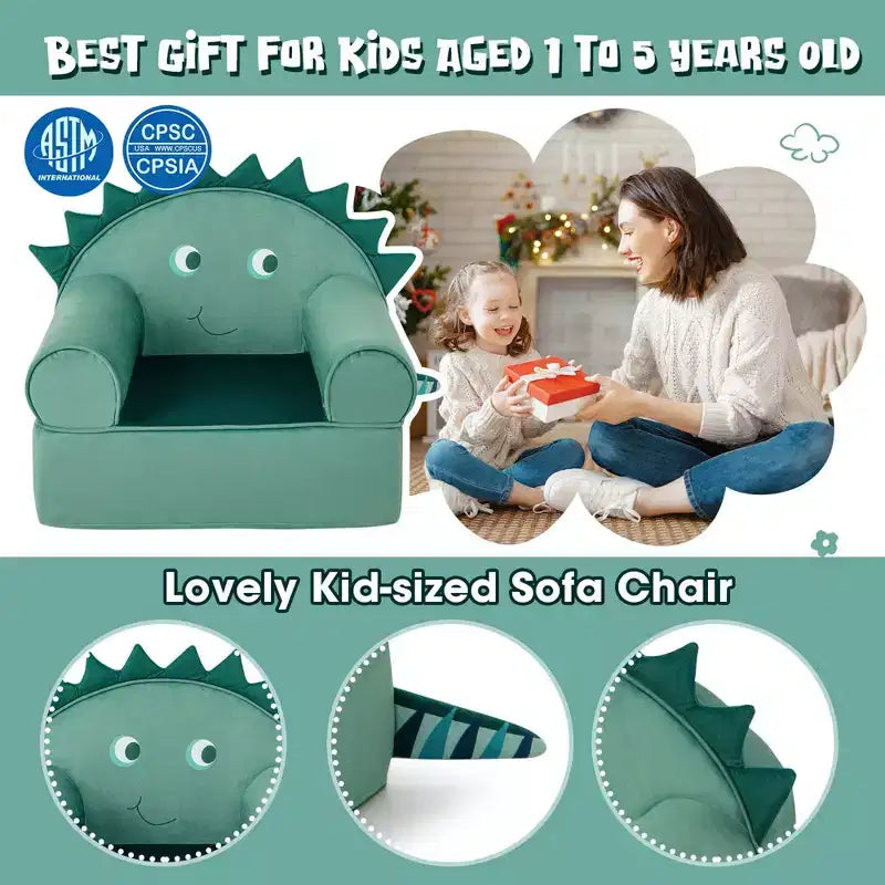 Kids Foam-Filled Armchair, Dinosaur Design, Cuddly Toddler Couch with Washable Cover