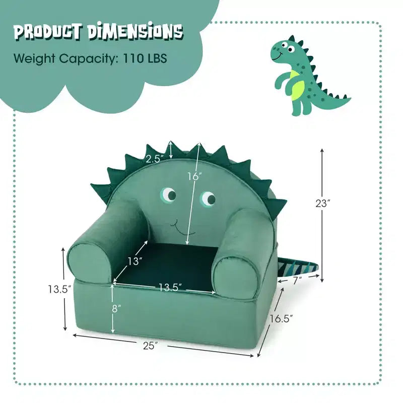 Kids Foam-Filled Armchair, Dinosaur Design, Cuddly Toddler Couch with Washable Cover