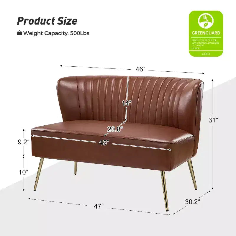 47" Contemporary Wingback Loveseat, Armless 2-Seater Sofa with Metal Legs for Living Room or Bedroom