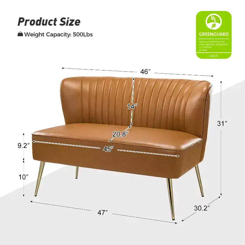 47" Contemporary Wingback Loveseat, Armless 2-Seater Sofa with Metal Legs for Living Room or Bedroom
