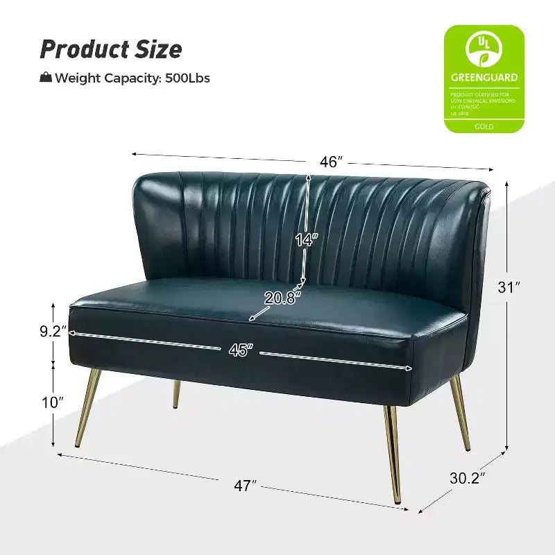 47" Contemporary Wingback Loveseat, Armless 2-Seater Sofa with Metal Legs for Living Room or Bedroom