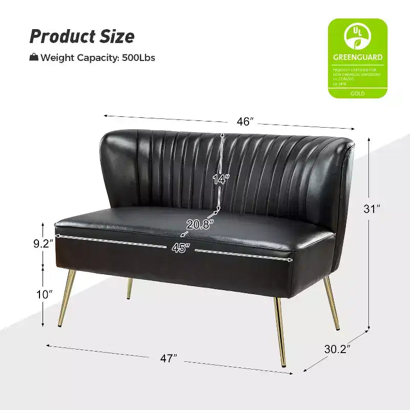 47" Contemporary Wingback Loveseat, Armless 2-Seater Sofa with Metal Legs for Living Room or Bedroom