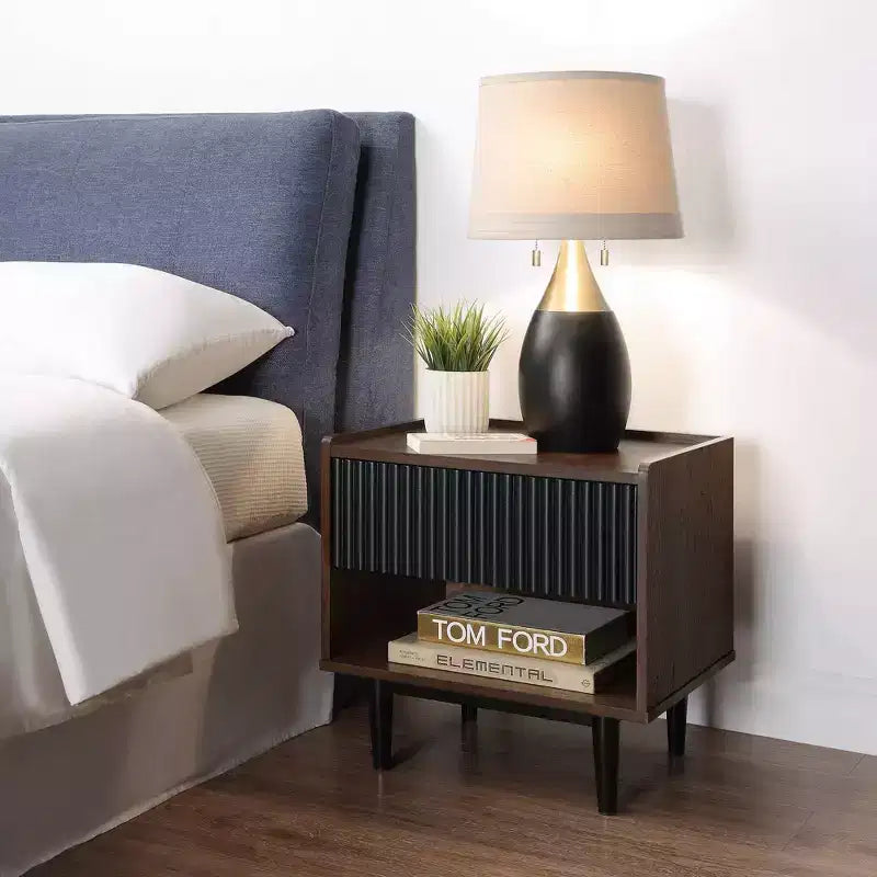 Modern Ribbed Nightstand with Drawer, Bedside Table for Bedroom