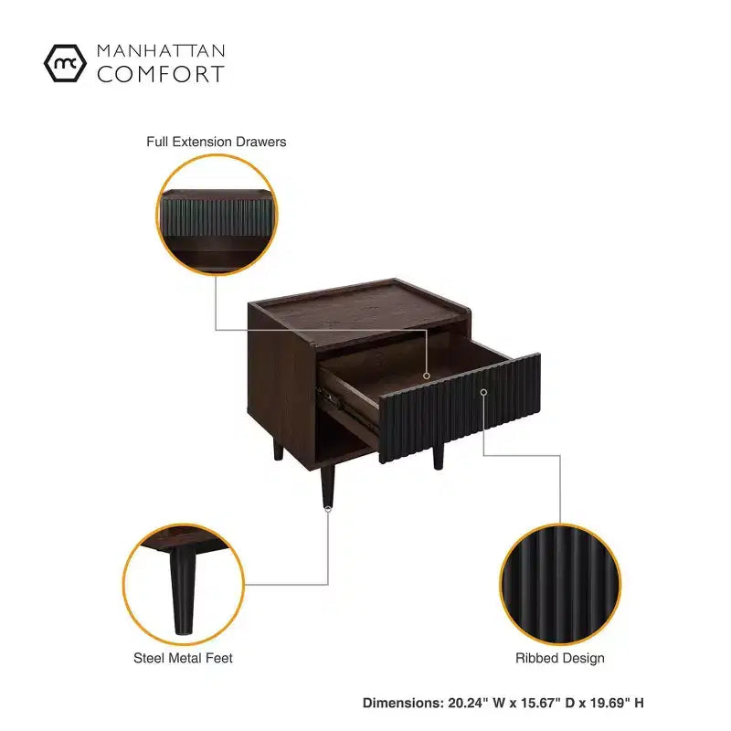 Modern Ribbed Nightstand with Drawer, Bedside Table for Bedroom