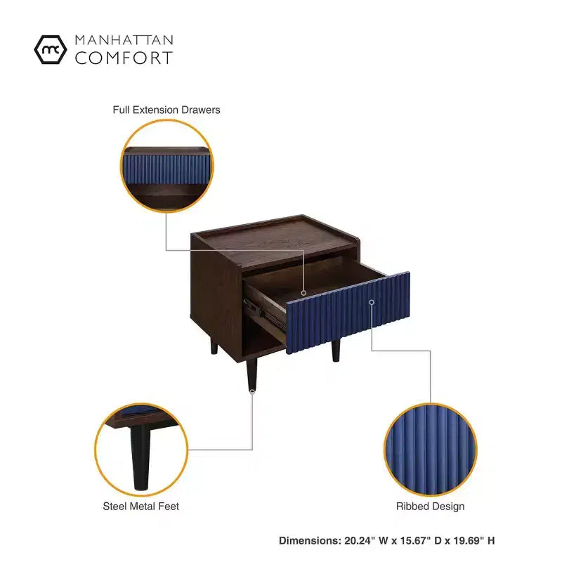 Modern Ribbed Nightstand with Drawer, Bedside Table for Bedroom