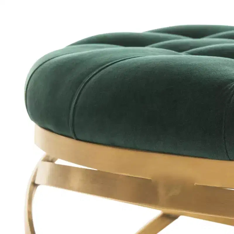 Tufted Velvet Ottoman, Emerald Green with Gold Metal Base, Decorative Footstool