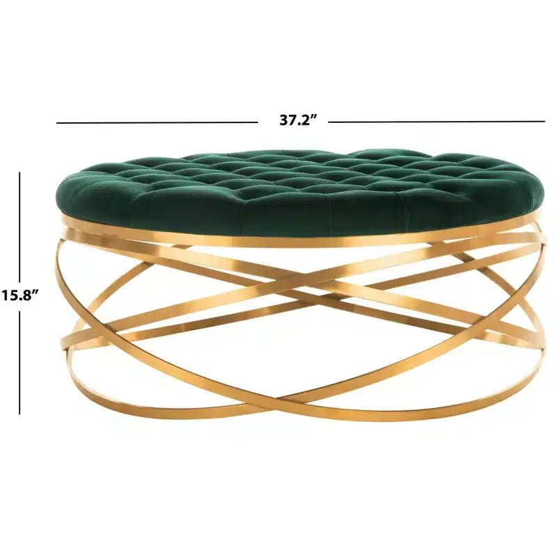 Tufted Velvet Ottoman, Emerald Green with Gold Metal Base, Decorative Footstool