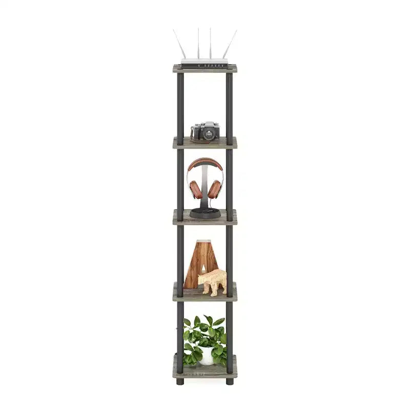 5-Tier Corner Square Bookshelf with Anti-Tipping Display Rack, French Oak/Black, for Bathroom, Closet or Office