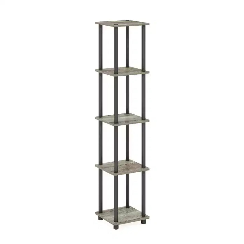 5-Tier Corner Square Bookshelf with Anti-Tipping Display Rack, French Oak/Black, for Bathroom, Closet or Office