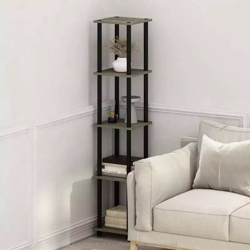 5-Tier Corner Square Bookshelf with Anti-Tipping Display Rack, French Oak/Black, for Bathroom, Closet or Office