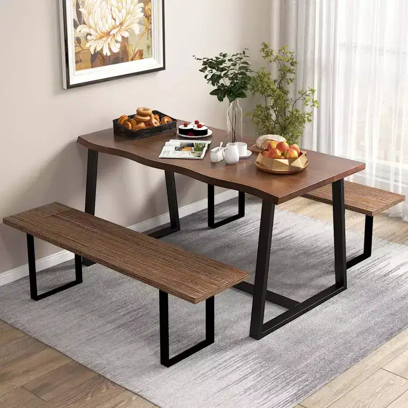 63" Large Dining Table for 4-6 People, Wavy Edge Top, Heavy-Duty Metal Frame, Coffee/Black