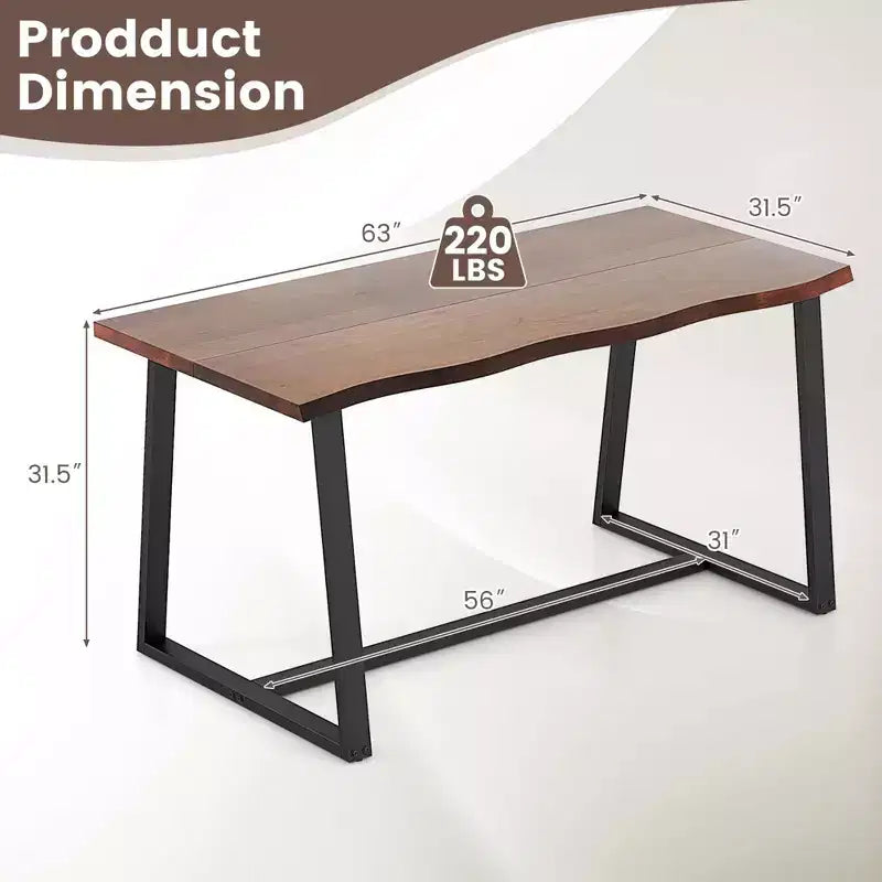 63" Large Dining Table for 4-6 People, Wavy Edge Top, Heavy-Duty Metal Frame, Coffee/Black