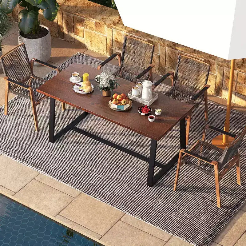 63" Large Dining Table for 4-6 People, Wavy Edge Top, Heavy-Duty Metal Frame, Coffee/Black