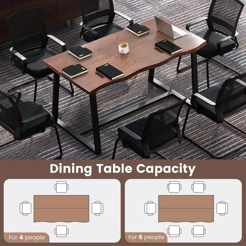 63" Large Dining Table for 4-6 People, Wavy Edge Top, Heavy-Duty Metal Frame, Coffee/Black