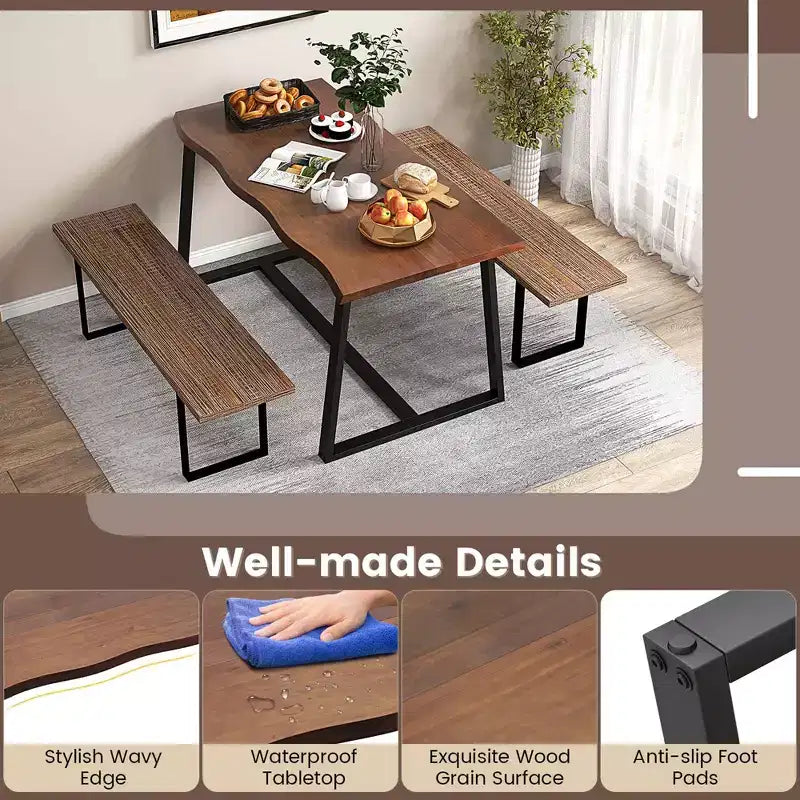 63" Large Dining Table for 4-6 People, Wavy Edge Top, Heavy-Duty Metal Frame, Coffee/Black