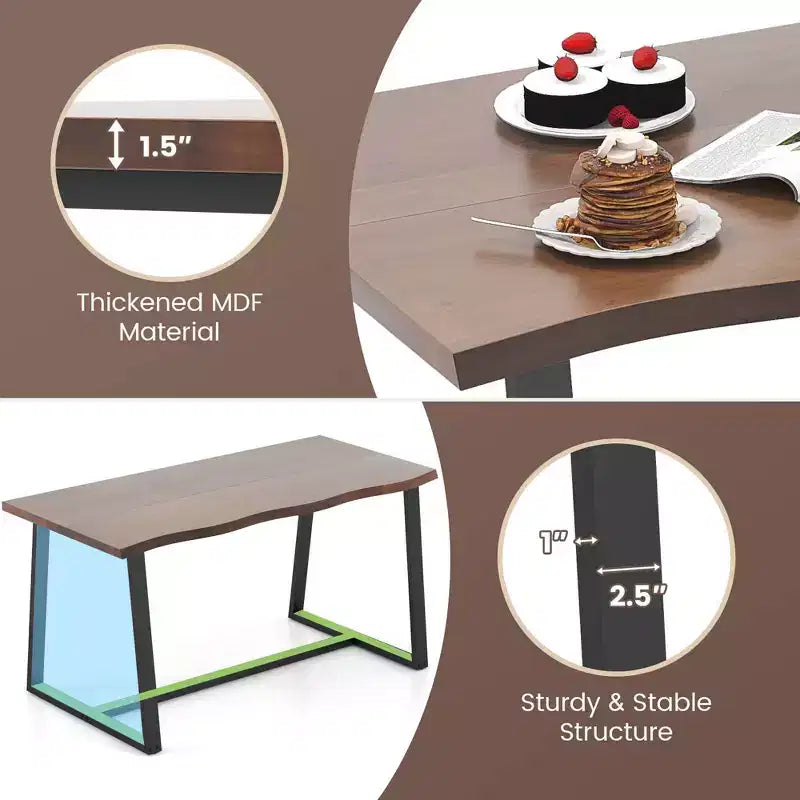 63" Large Dining Table for 4-6 People, Wavy Edge Top, Heavy-Duty Metal Frame, Coffee/Black