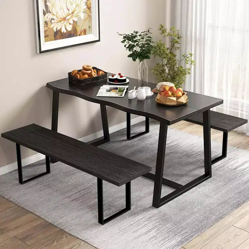 63" Large Dining Table for 4-6 People, Wavy Edge Top, Heavy-Duty Metal Frame, Coffee/Black