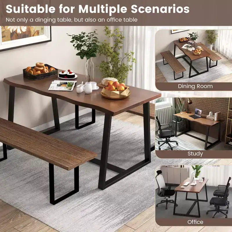 63" Large Dining Table for 4-6 People, Wavy Edge Top, Heavy-Duty Metal Frame, Coffee/Black