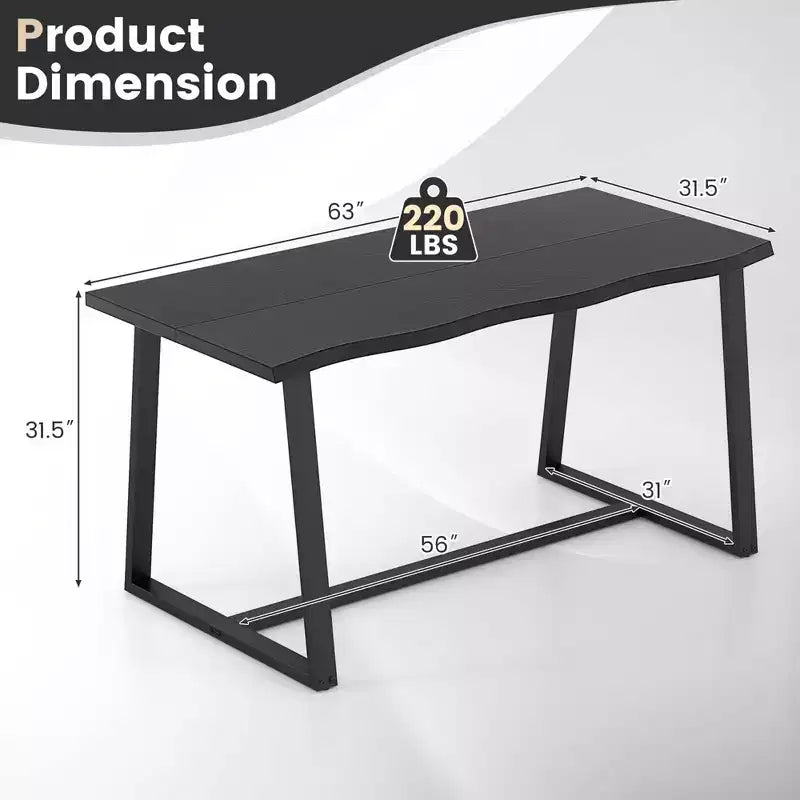 63" Large Dining Table for 4-6 People, Wavy Edge Top, Heavy-Duty Metal Frame, Coffee/Black