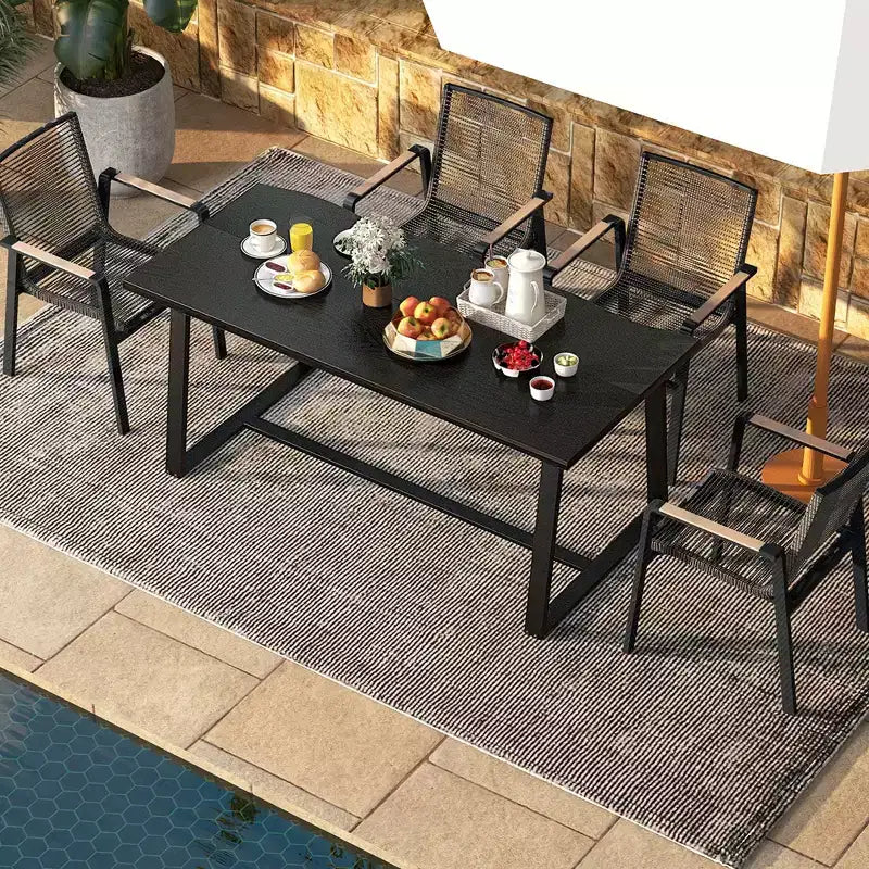 63" Large Dining Table for 4-6 People, Wavy Edge Top, Heavy-Duty Metal Frame, Coffee/Black
