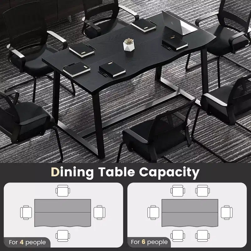 63" Large Dining Table for 4-6 People, Wavy Edge Top, Heavy-Duty Metal Frame, Coffee/Black