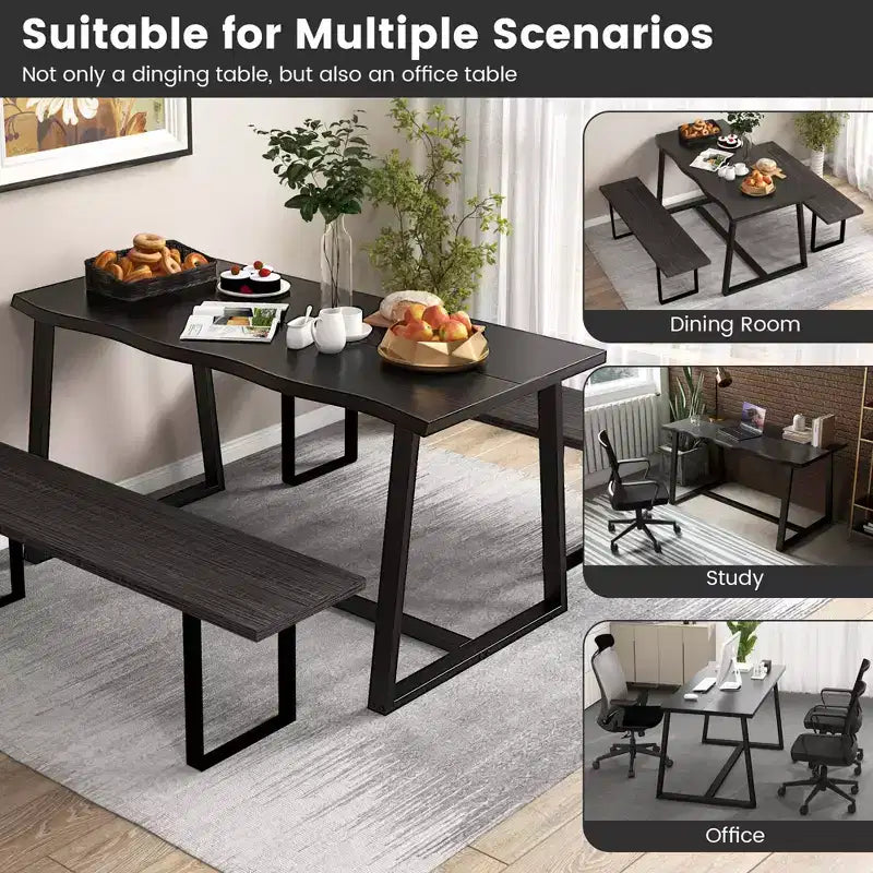 63" Large Dining Table for 4-6 People, Wavy Edge Top, Heavy-Duty Metal Frame, Coffee/Black