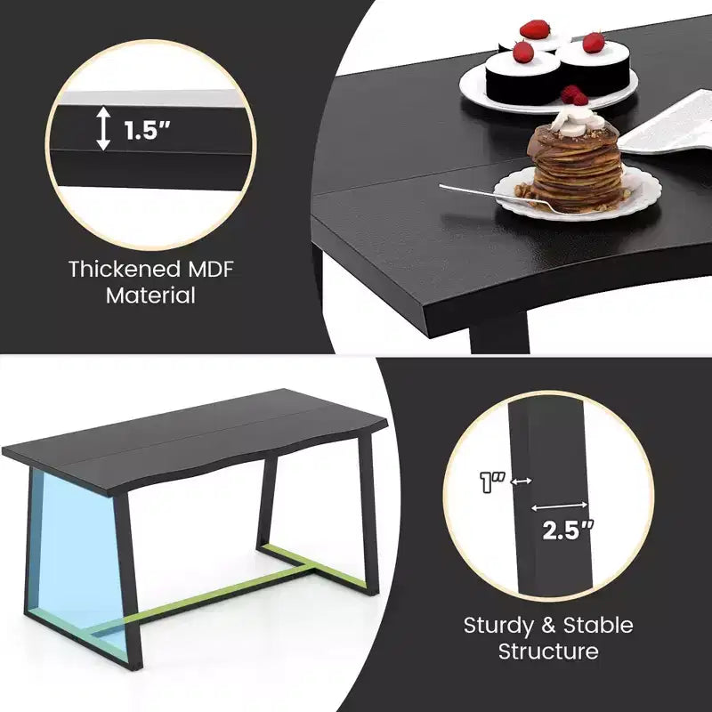 63" Large Dining Table for 4-6 People, Wavy Edge Top, Heavy-Duty Metal Frame, Coffee/Black