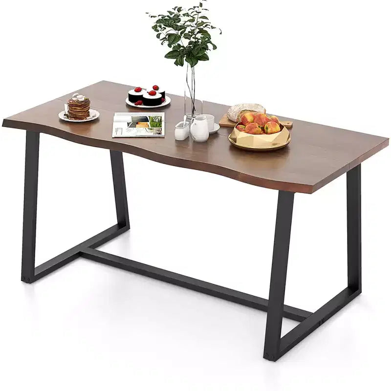 63" Large Dining Table for 4-6 People, Wavy Edge Top, Heavy-Duty Metal Frame, Coffee/Black