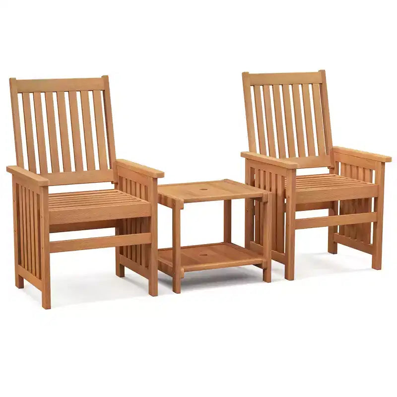 Costway Ensemble de Meubles de Patio 3 Pièces avec Table en Bois Massif et Chaises avec Trou pour Parapluie de 1,5 po