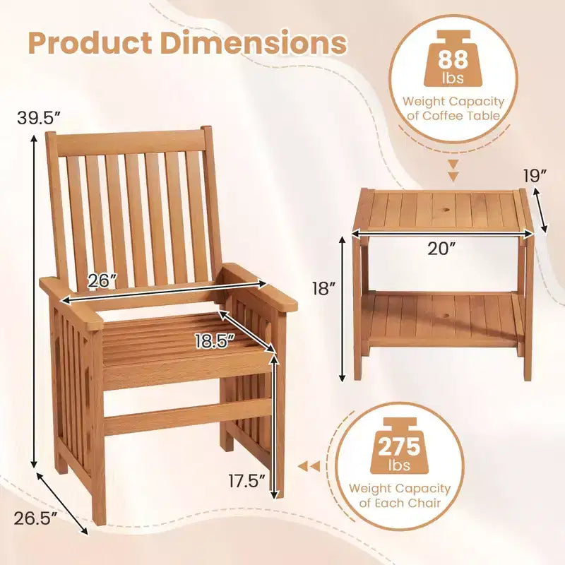 Costway Ensemble de Meubles de Patio 3 Pièces avec Table en Bois Massif et Chaises avec Trou pour Parapluie de 1,5 po