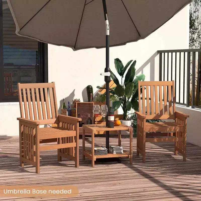 Costway Ensemble de Meubles de Patio 3 Pièces avec Table en Bois Massif et Chaises avec Trou pour Parapluie de 1,5 po