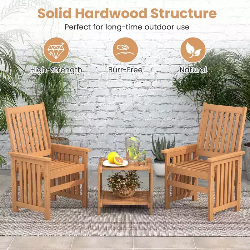 Costway Ensemble de Meubles de Patio 3 Pièces avec Table en Bois Massif et Chaises avec Trou pour Parapluie de 1,5 po