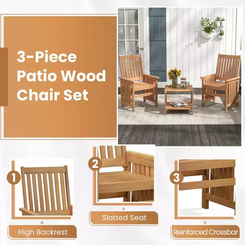 Costway Ensemble de Meubles de Patio 3 Pièces avec Table en Bois Massif et Chaises avec Trou pour Parapluie de 1,5 po