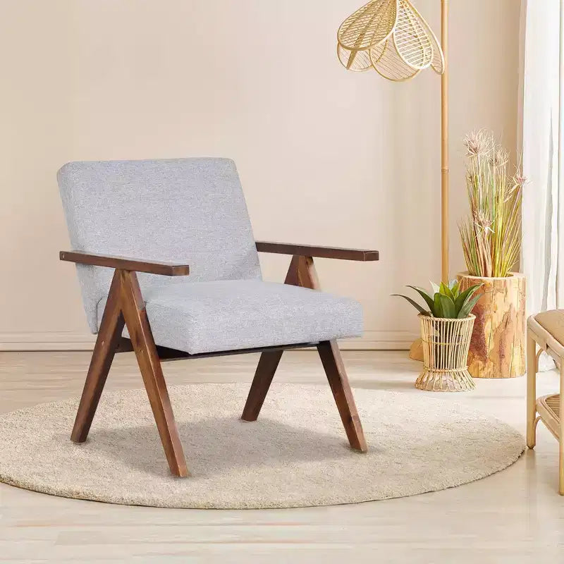 Modern Accent Chair, Linen Fabric Upholstery with Solid Acacia Wood Frame, Beige or Grey