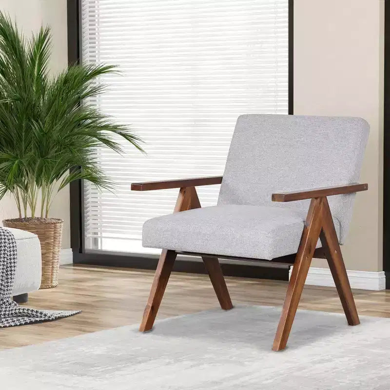 Modern Accent Chair, Linen Fabric Upholstery with Solid Acacia Wood Frame, Beige or Grey