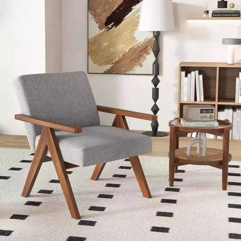 Modern Accent Chair, Linen Fabric Upholstery with Solid Acacia Wood Frame, Beige or Grey