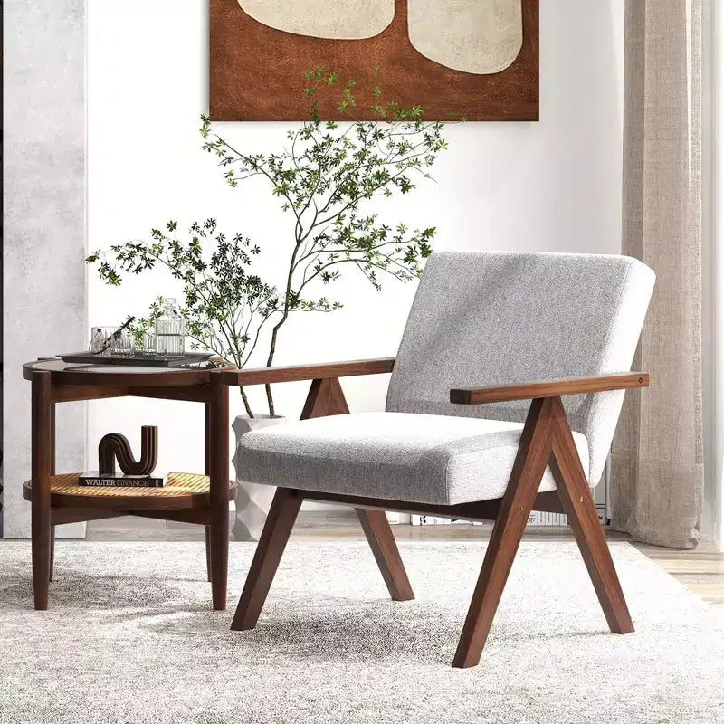 Modern Accent Chair, Linen Fabric Upholstery with Solid Acacia Wood Frame, Beige or Grey