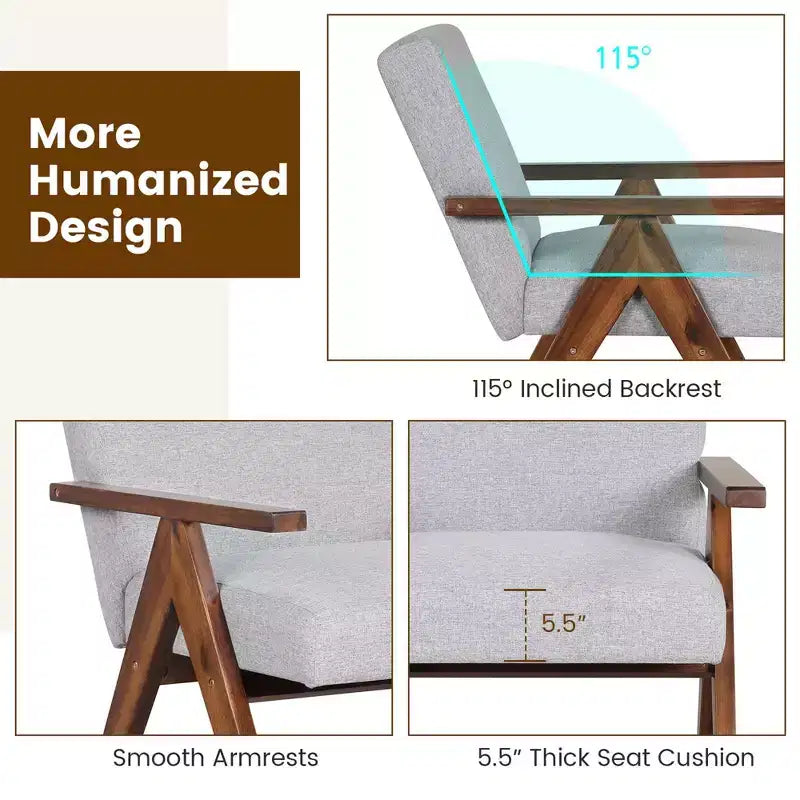 Modern Accent Chair, Linen Fabric Upholstery with Solid Acacia Wood Frame, Beige or Grey