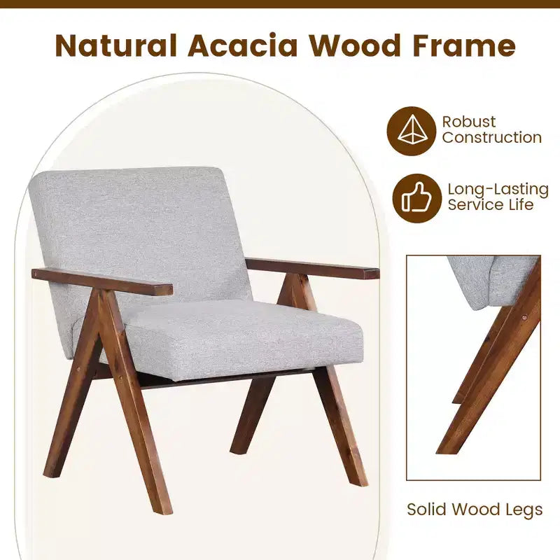 Modern Accent Chair, Linen Fabric Upholstery with Solid Acacia Wood Frame, Beige or Grey