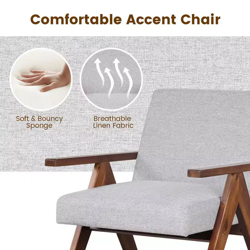 Modern Accent Chair, Linen Fabric Upholstery with Solid Acacia Wood Frame, Beige or Grey