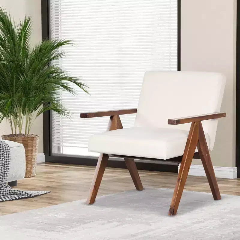 Modern Accent Chair, Linen Fabric Upholstery with Solid Acacia Wood Frame, Beige or Grey