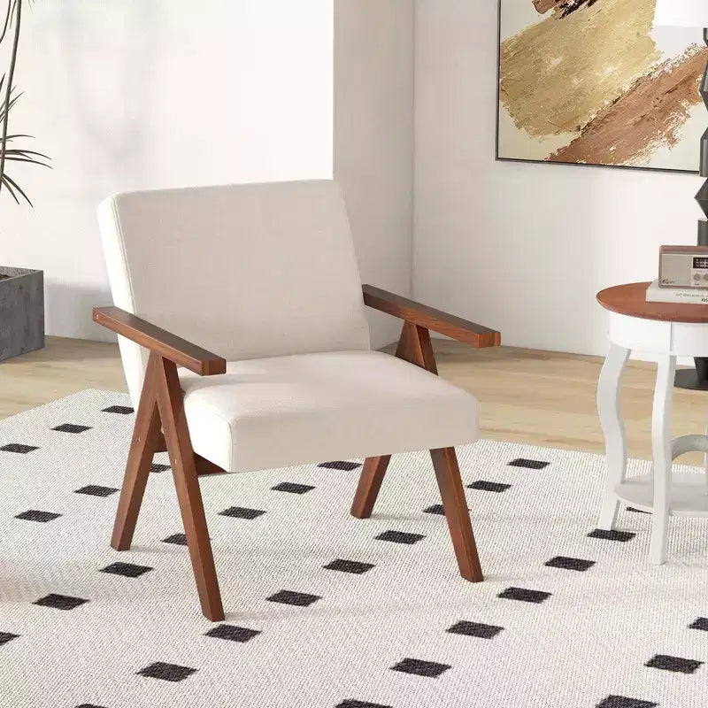 Modern Accent Chair, Linen Fabric Upholstery with Solid Acacia Wood Frame, Beige or Grey
