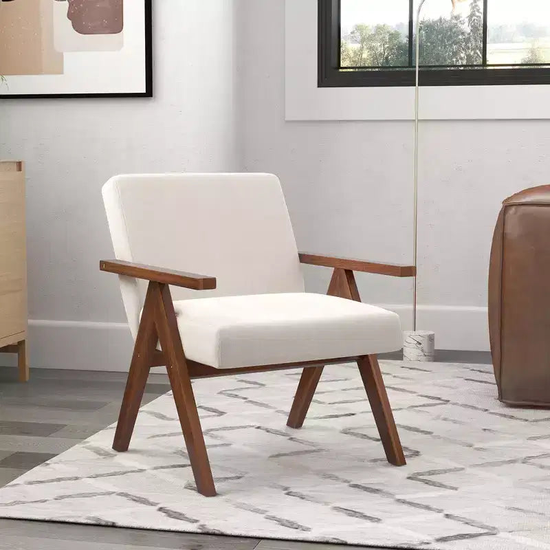 Modern Accent Chair, Linen Fabric Upholstery with Solid Acacia Wood Frame, Beige or Grey
