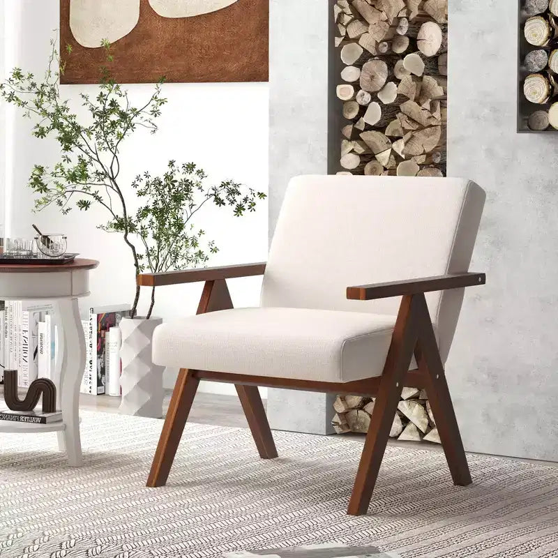 Modern Accent Chair, Linen Fabric Upholstery with Solid Acacia Wood Frame, Beige or Grey
